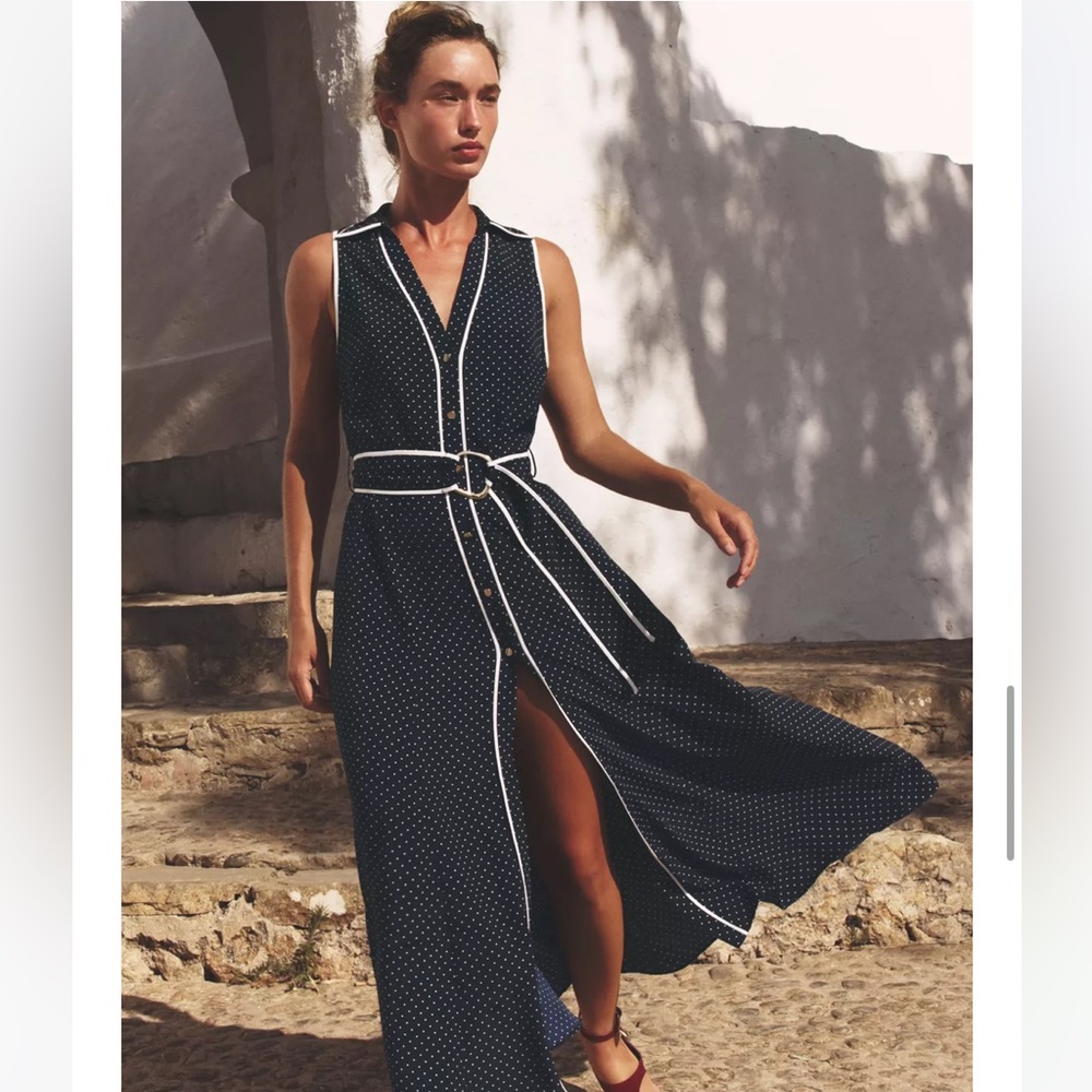 Zara Dark Blue Midi Dress with White Dots